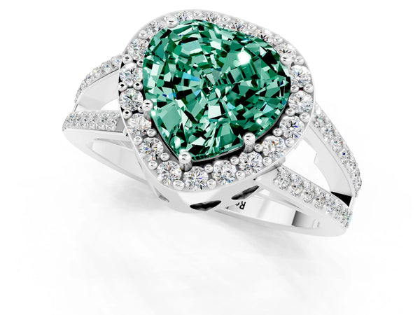 Silver Heart Cut Green Sapphire Halo Ring with Split Shank U-Prong Band and Four-Prong Setting