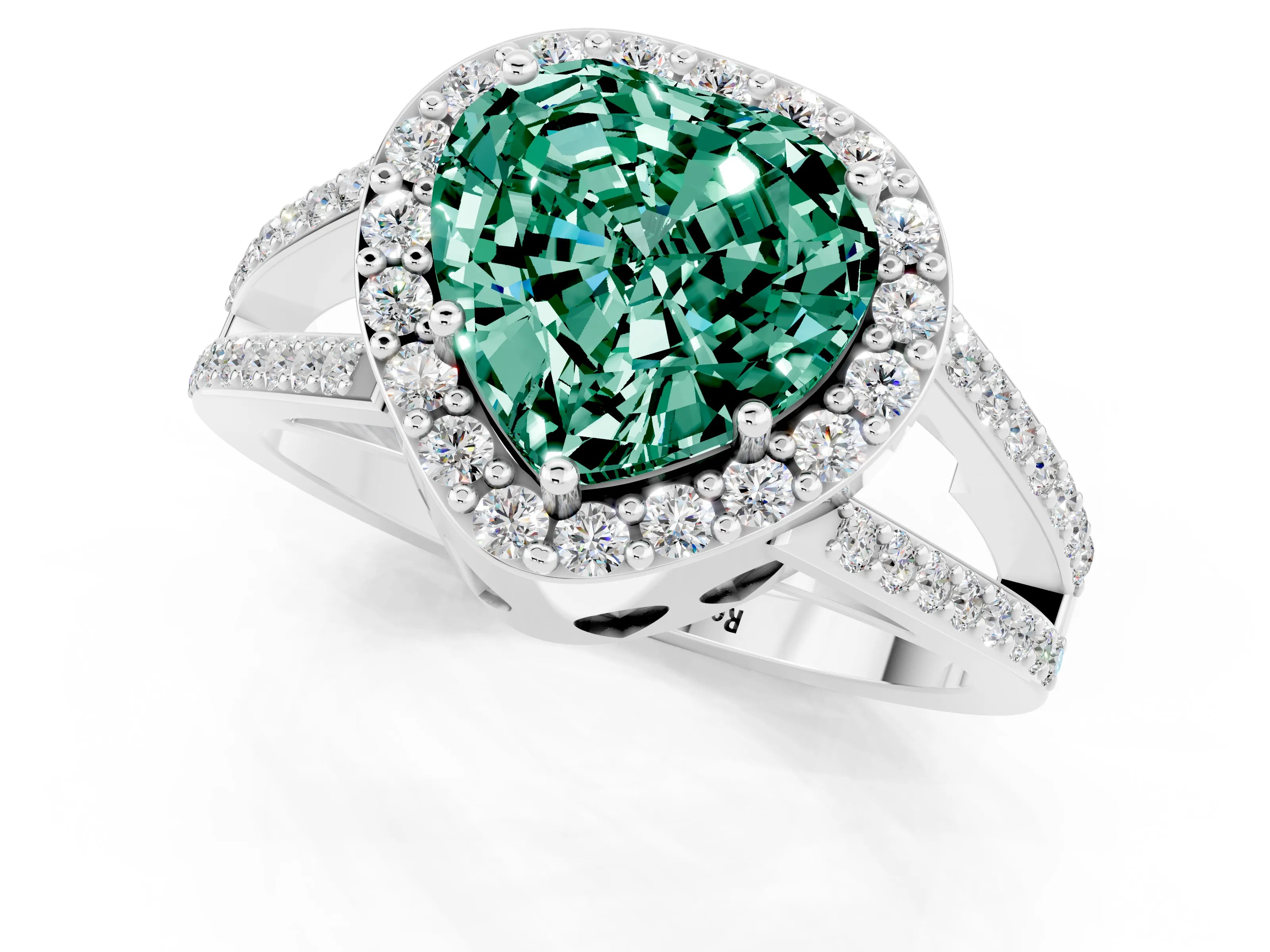 White gold Heart Cut Green Sapphire Halo Ring with Split Shank U-Prong Band and Four-Prong Setting_1