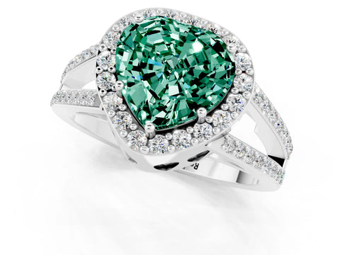 White gold Heart Cut Green Sapphire Halo Ring with Split Shank U-Prong Band and Four-Prong Setting_1