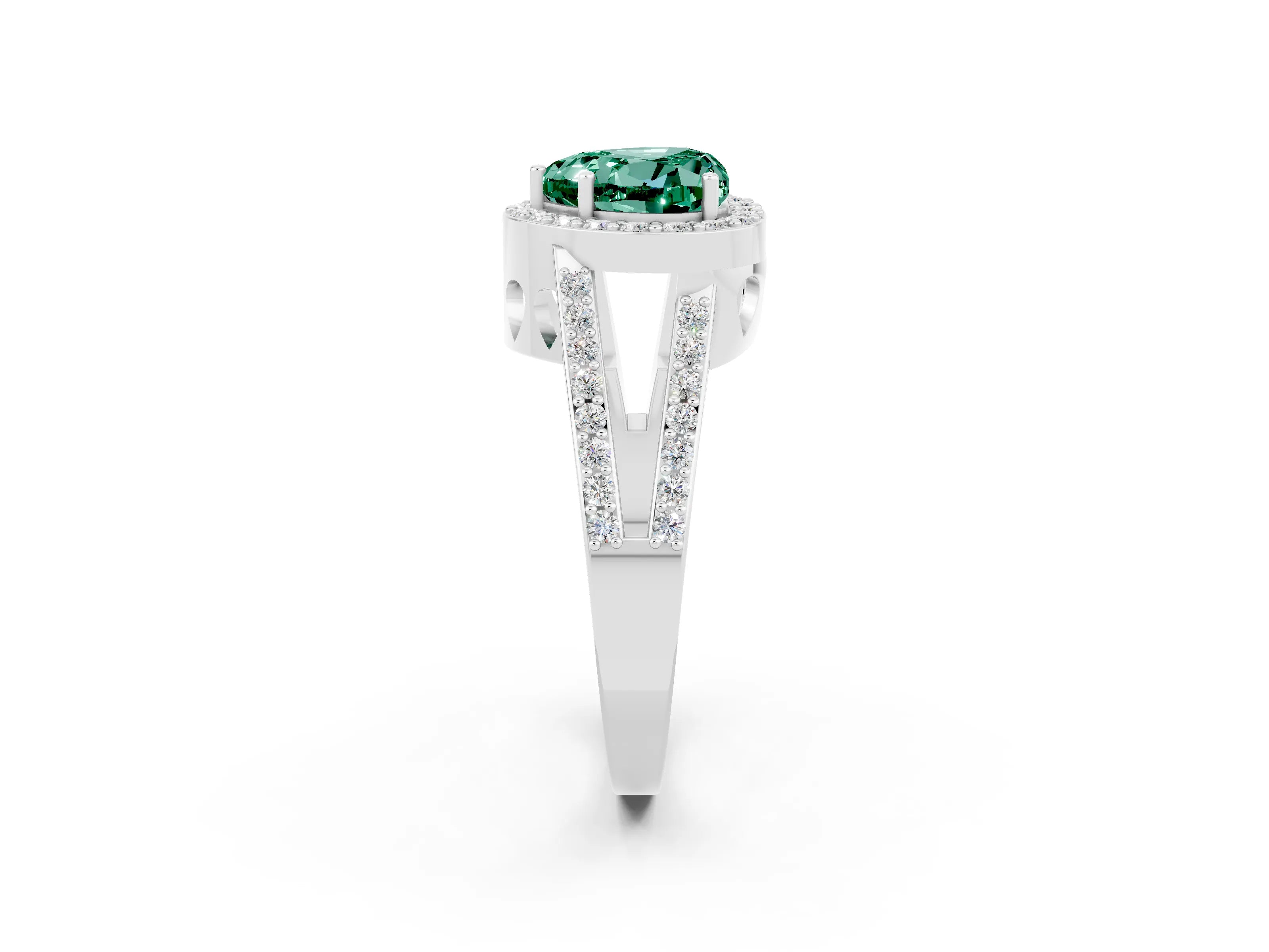 White gold Heart Cut Green Sapphire Halo Ring with Split Shank U-Prong Band and Four-Prong Setting_2