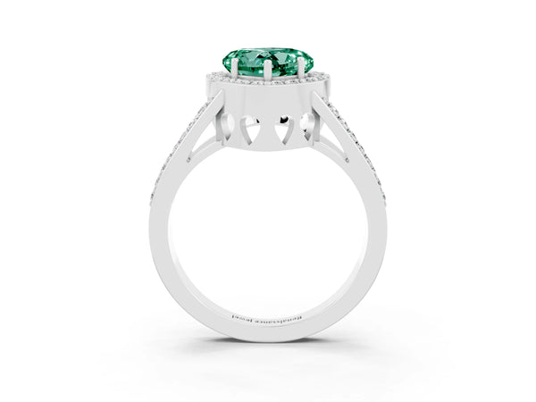 White gold Heart Cut Green Sapphire Halo Ring with Split Shank U-Prong Band and Four-Prong Setting