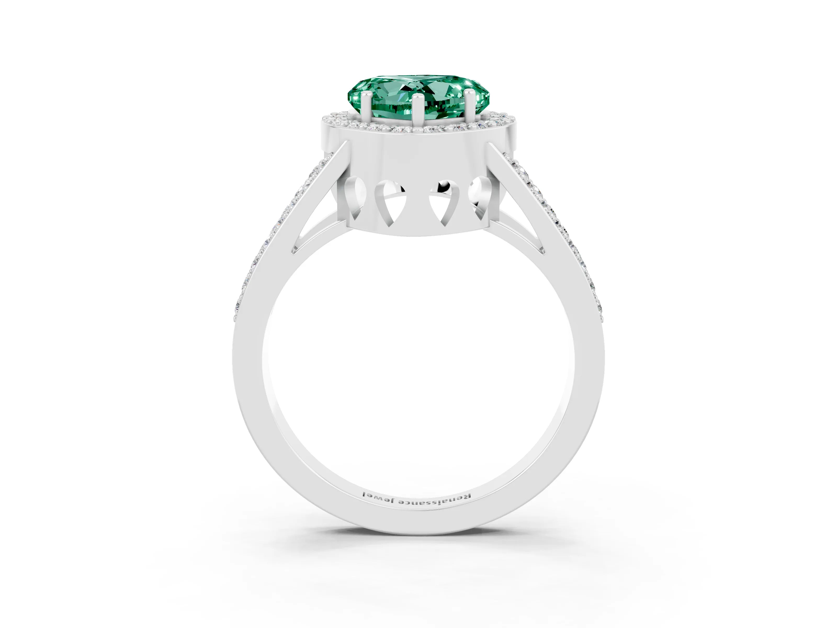 White gold Heart Cut Green Sapphire Halo Ring with Split Shank U-Prong Band and Four-Prong Setting_3