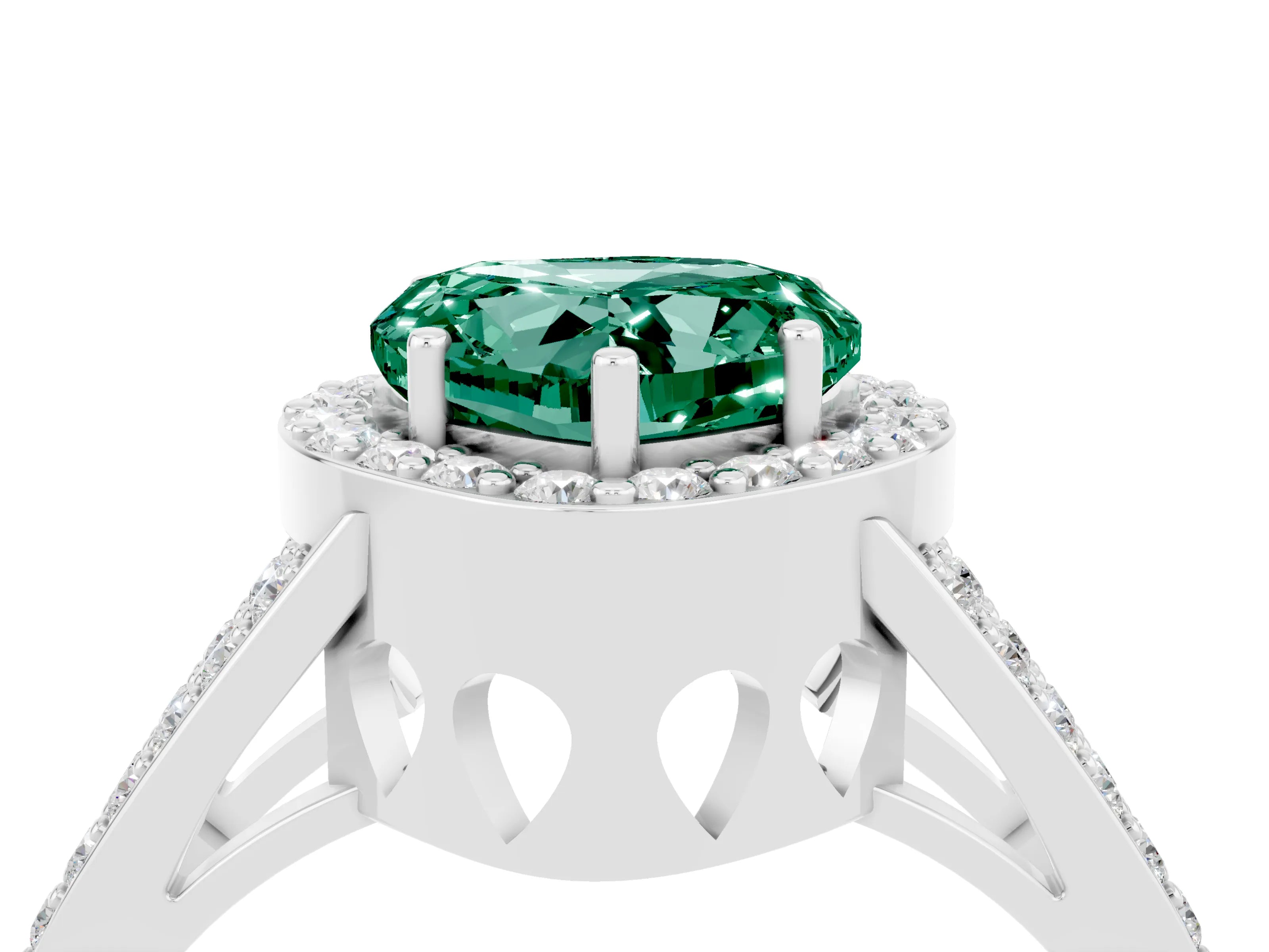 White gold Heart Cut Green Sapphire Halo Ring with Split Shank U-Prong Band and Four-Prong Setting_4
