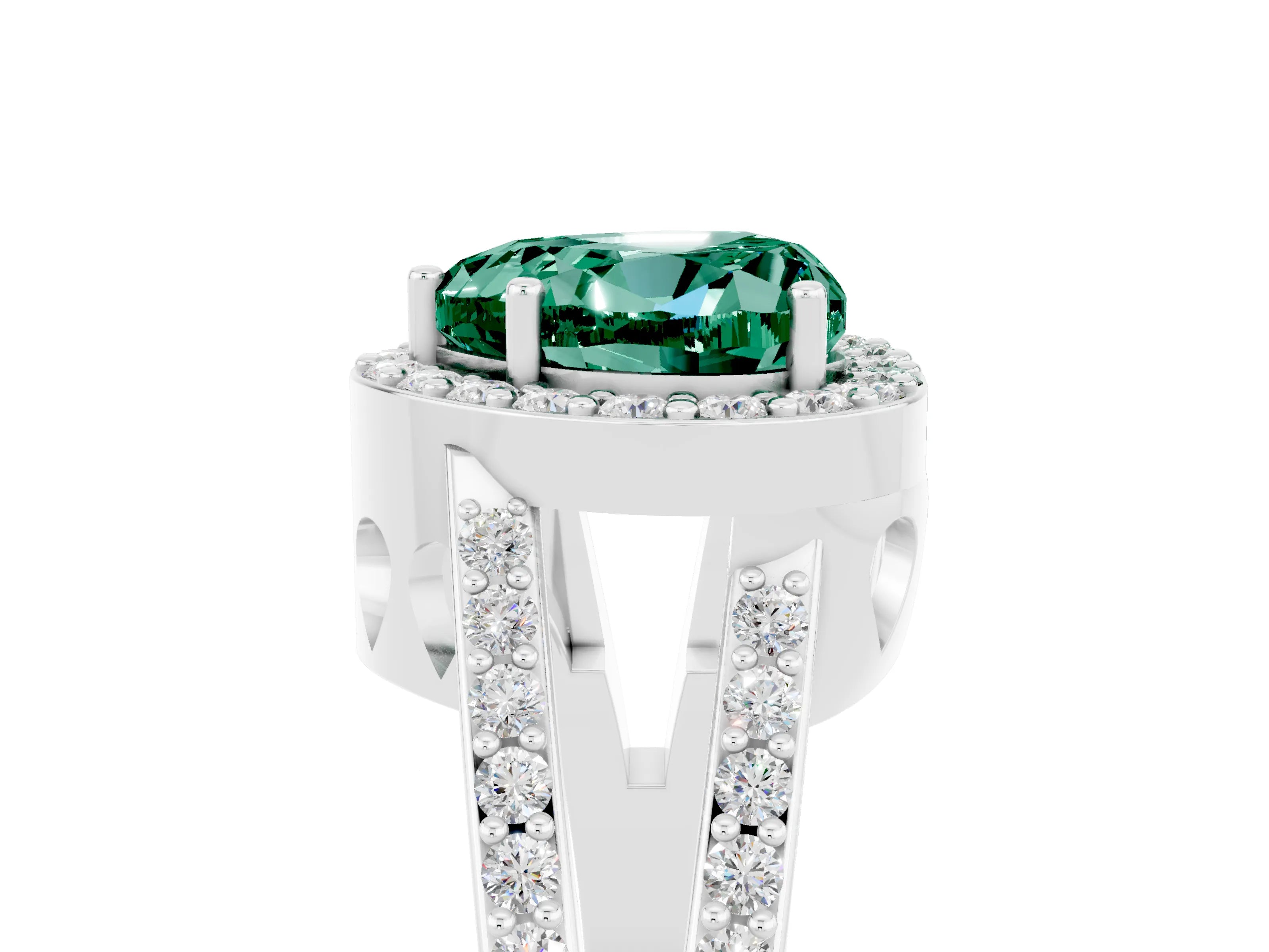 White gold Heart Cut Green Sapphire Halo Ring with Split Shank U-Prong Band and Four-Prong Setting_5