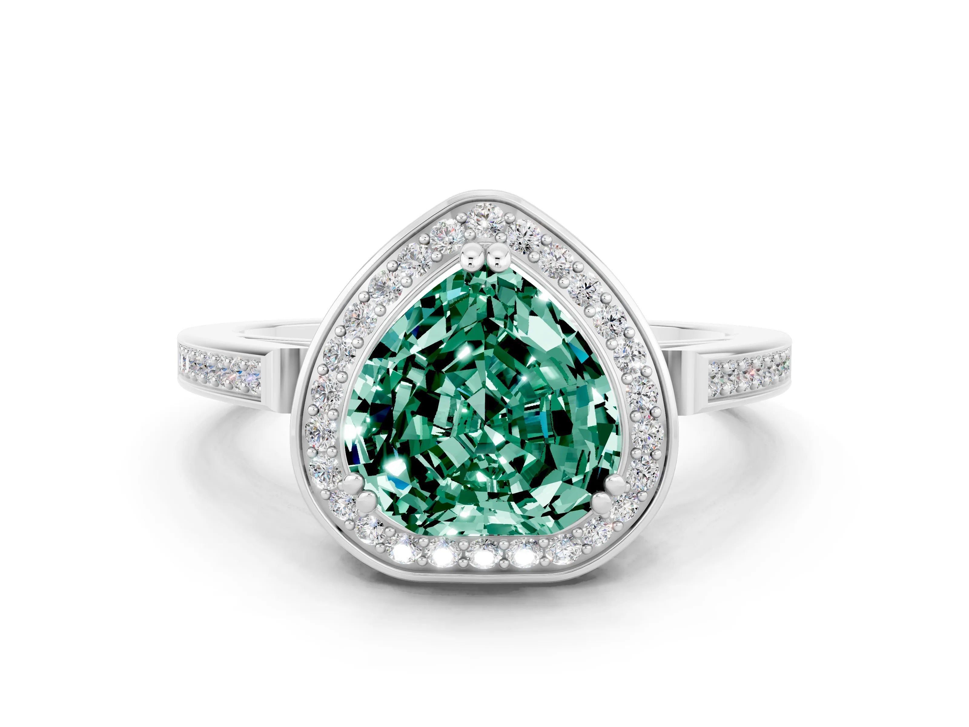 White gold Heart Cut Green Sapphire Halo Ring with Split Shank and Four-Prong Setting_12