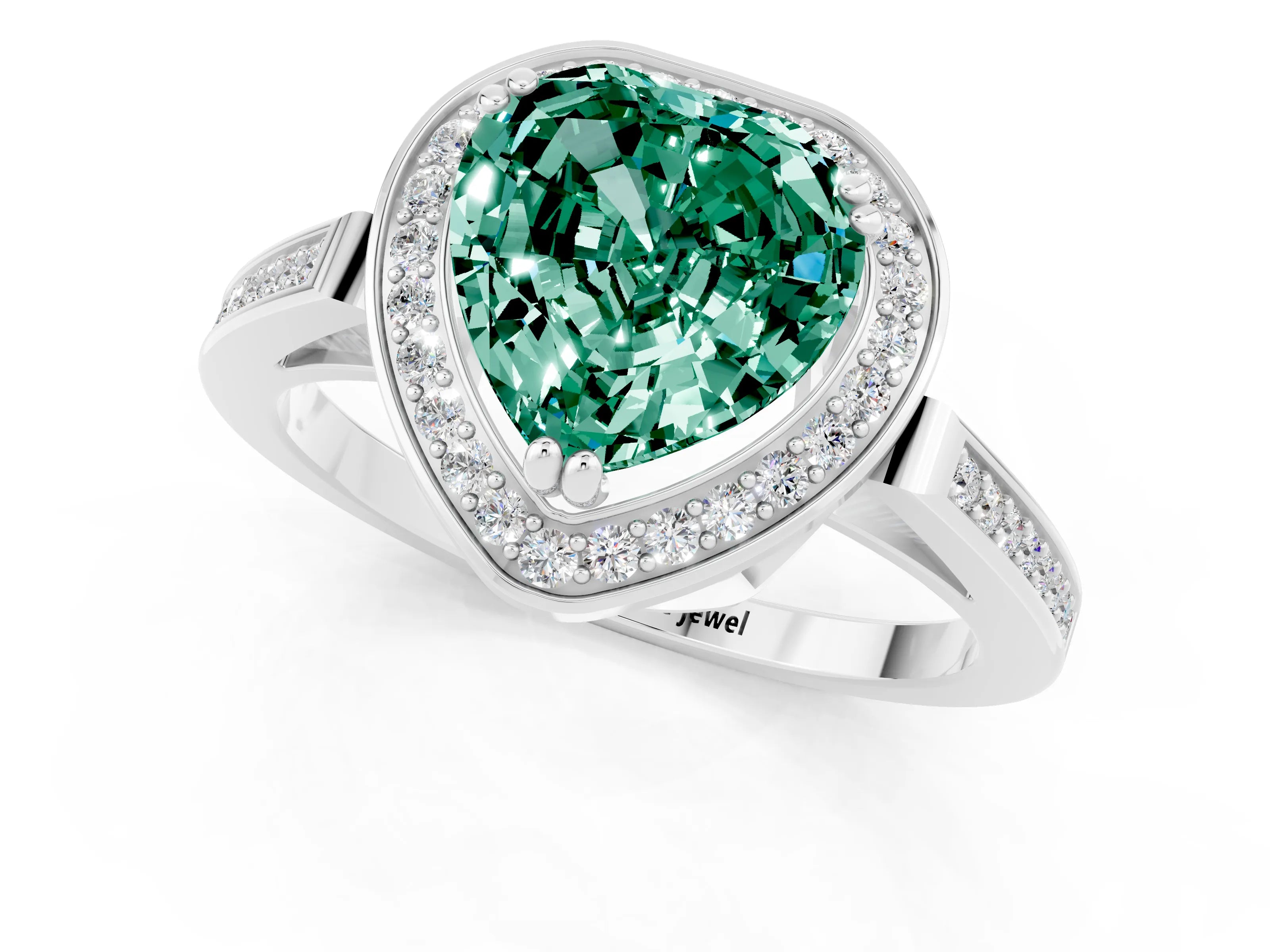 White gold Heart Cut Green Sapphire Halo Ring with Split Shank and Four-Prong Setting_13