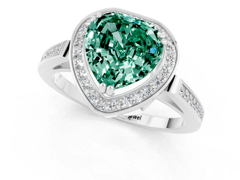 White gold Heart Cut Green Sapphire Halo Ring with Split Shank and Four-Prong Setting_13
