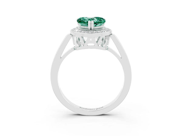 Silver Heart Cut Green Sapphire Halo Ring with Split Shank and Four-Prong Setting