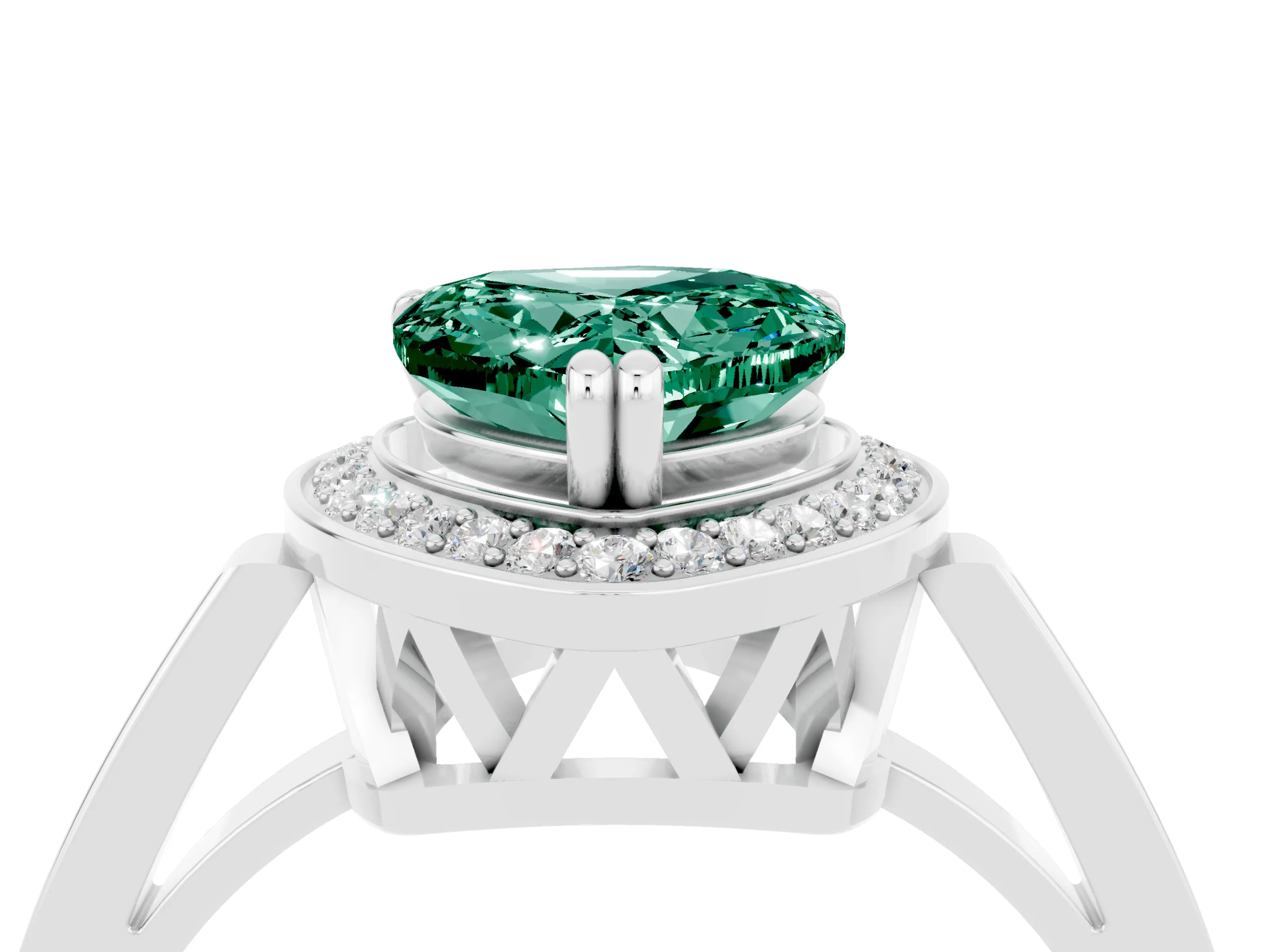 White gold Heart Cut Green Sapphire Halo Ring with Split Shank and Four-Prong Setting_16