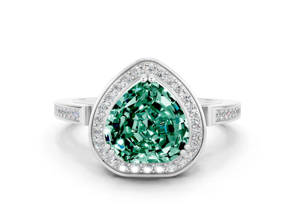 White gold Heart Cut Green Sapphire Halo Ring with Split Shank and Four-Prong Setting