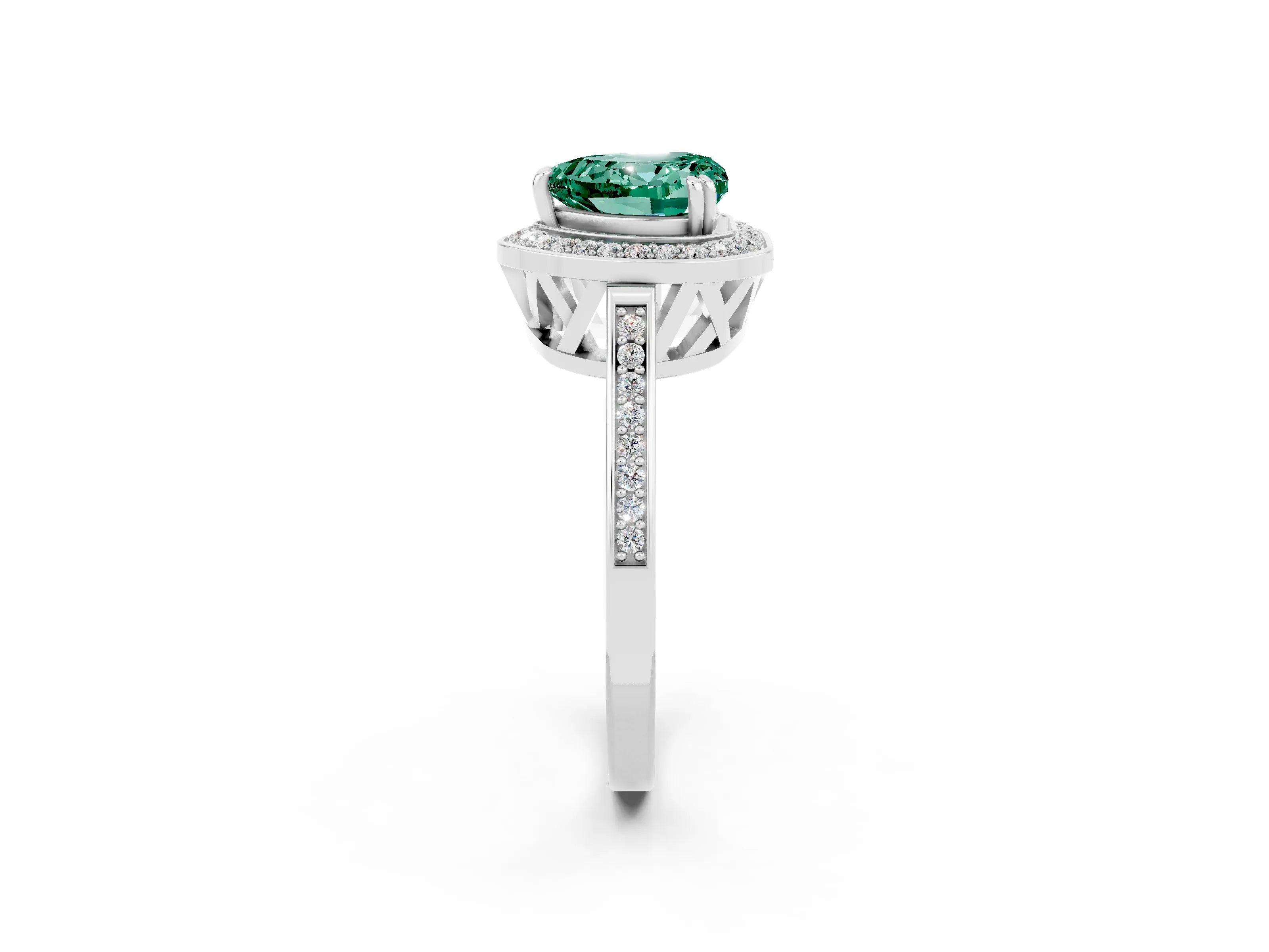 White gold Heart Cut Green Sapphire Halo Ring with Split Shank and Four-Prong Setting_26