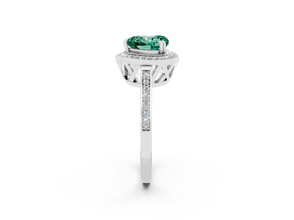 White gold Heart Cut Green Sapphire Halo Ring with Split Shank and Four-Prong Setting