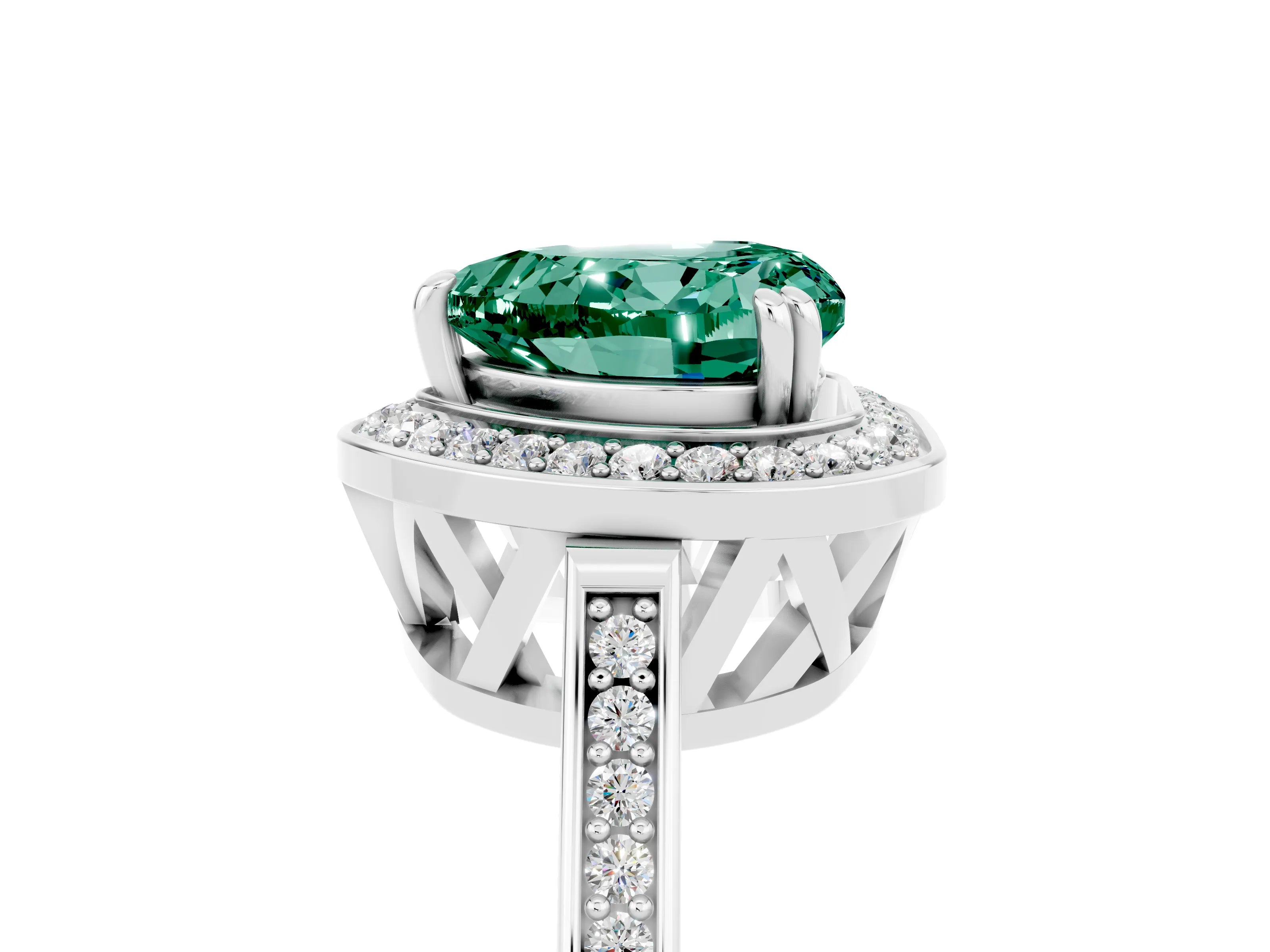 White gold Heart Cut Green Sapphire Halo Ring with Split Shank and Four-Prong Setting_29