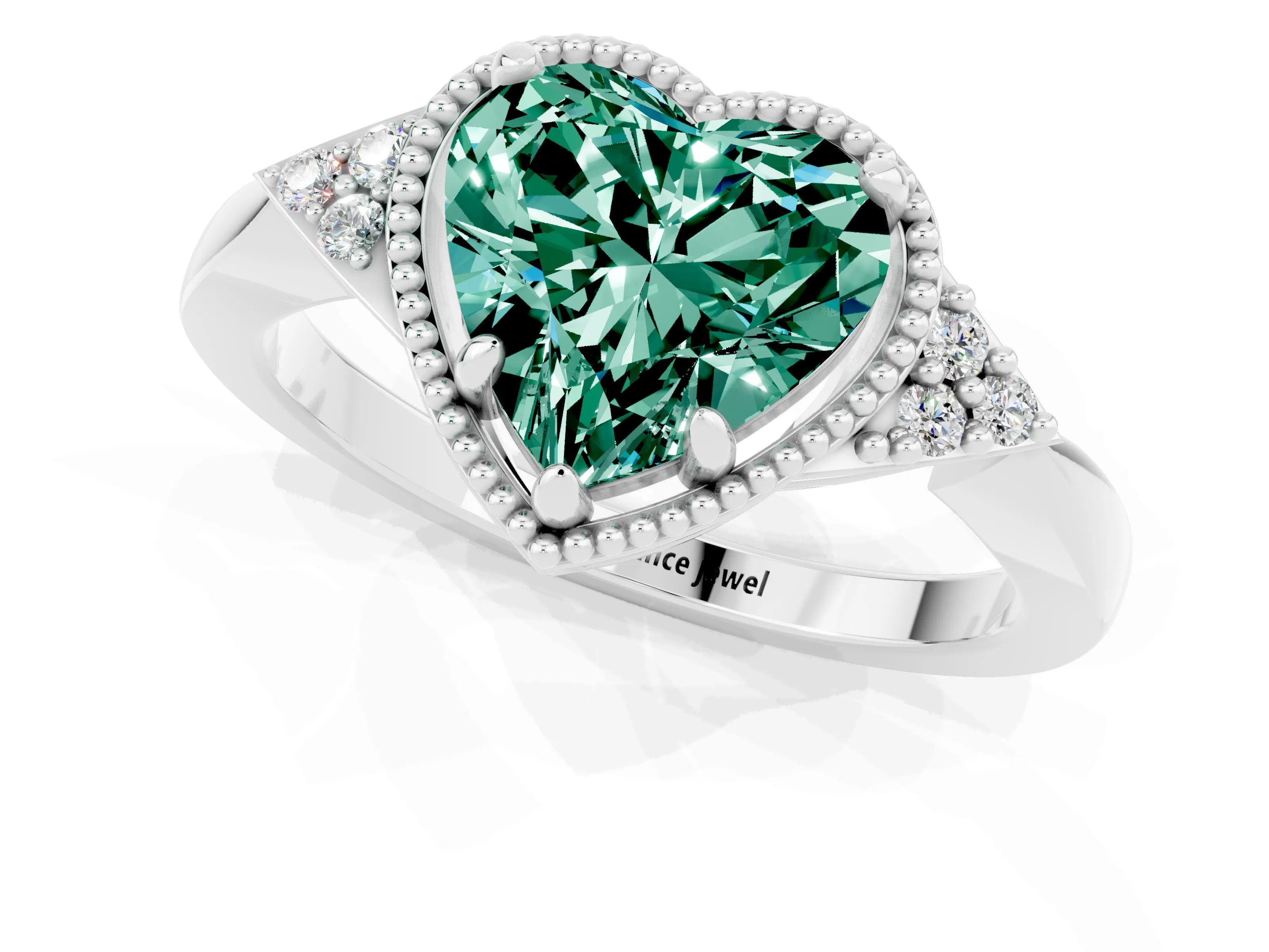 White gold Heart Cut Green Sapphire Halo Ring with Tapered Band and Four-Prong Setting_1