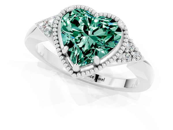 Platinum Heart Cut Green Sapphire Halo Ring with Tapered Band and Four-Prong Setting