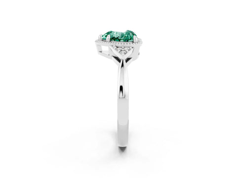 White gold Heart Cut Green Sapphire Halo Ring with Tapered Band and Four-Prong Setting_2