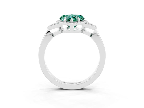 Silver Heart Cut Green Sapphire Halo Ring with Tapered Band and Four-Prong Setting