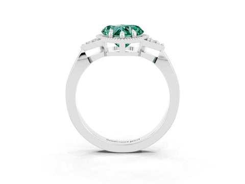 White gold Heart Cut Green Sapphire Halo Ring with Tapered Band and Four-Prong Setting_3