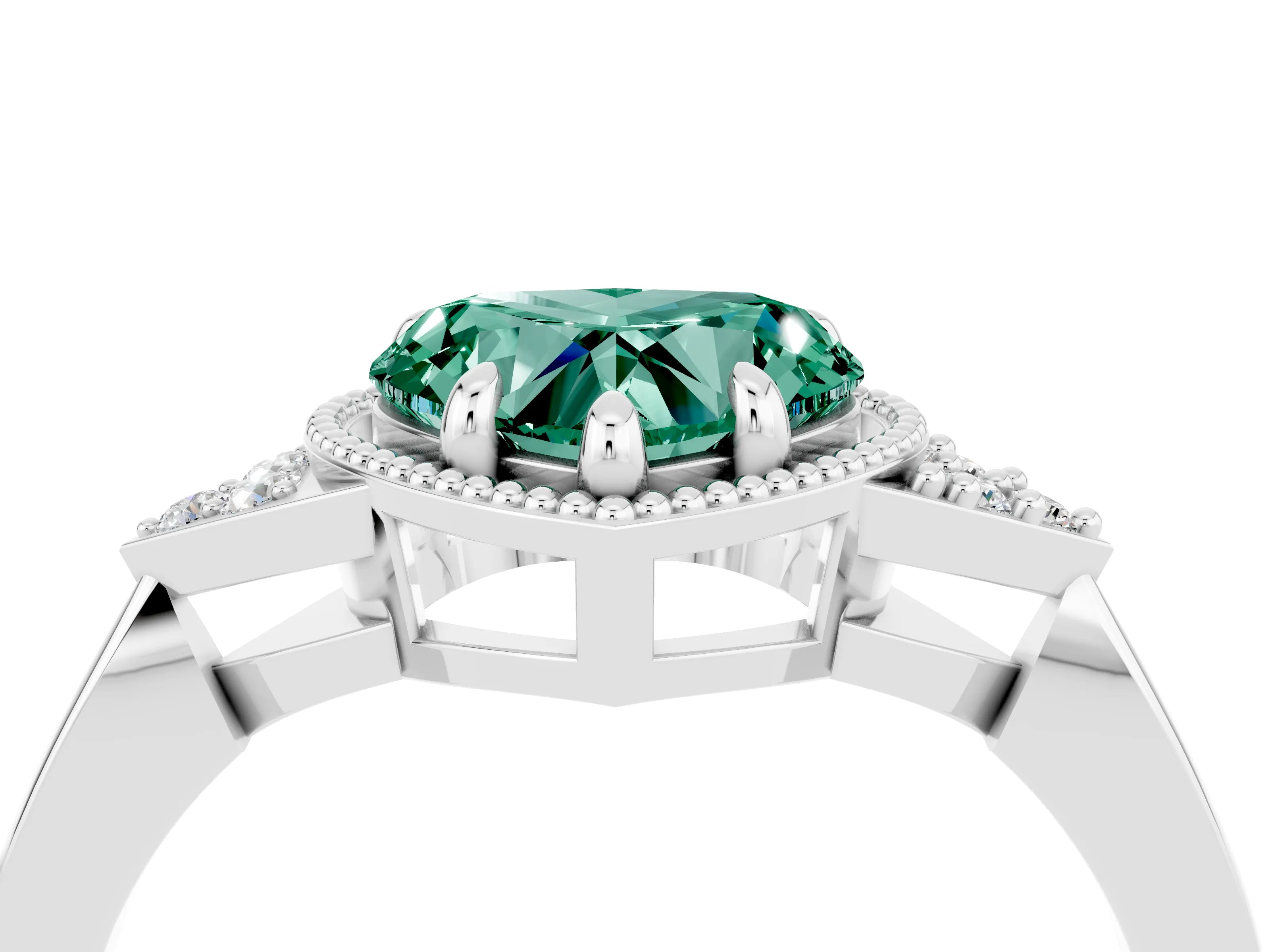 White gold Heart Cut Green Sapphire Halo Ring with Tapered Band and Four-Prong Setting_4