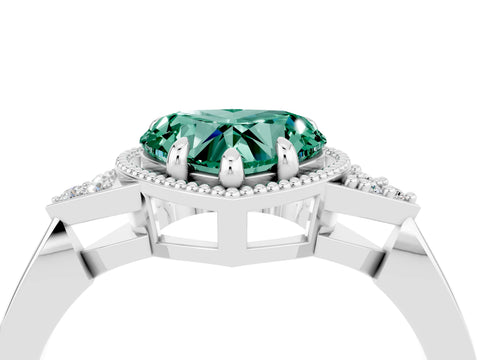 White gold Heart Cut Green Sapphire Halo Ring with Tapered Band and Four-Prong Setting_4