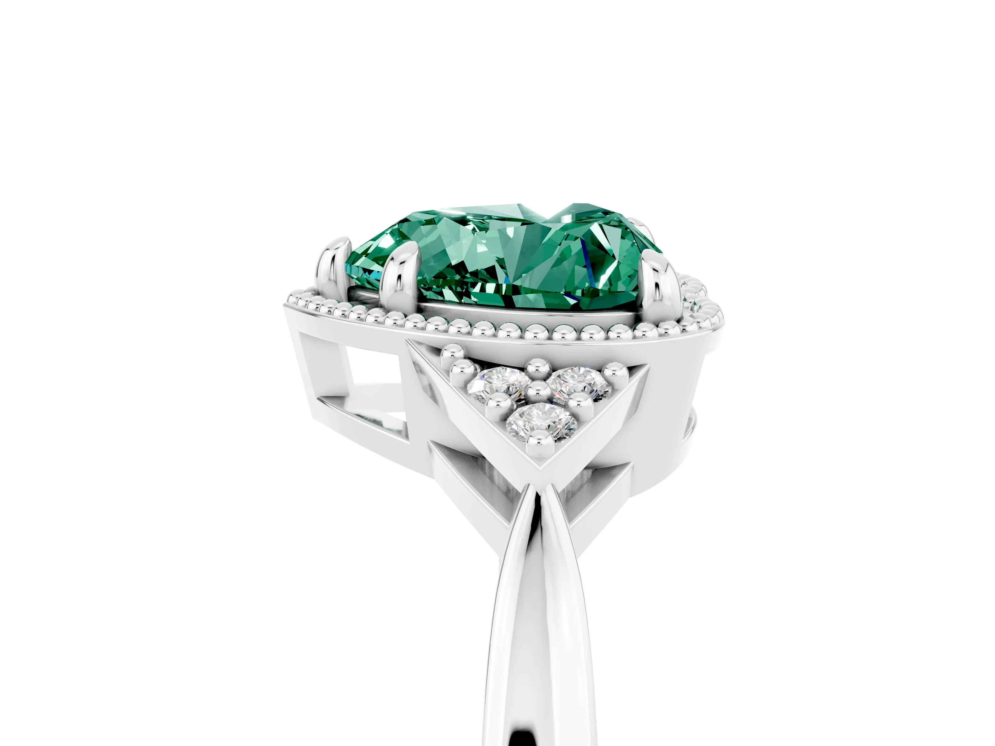 White gold Heart Cut Green Sapphire Halo Ring with Tapered Band and Four-Prong Setting_5