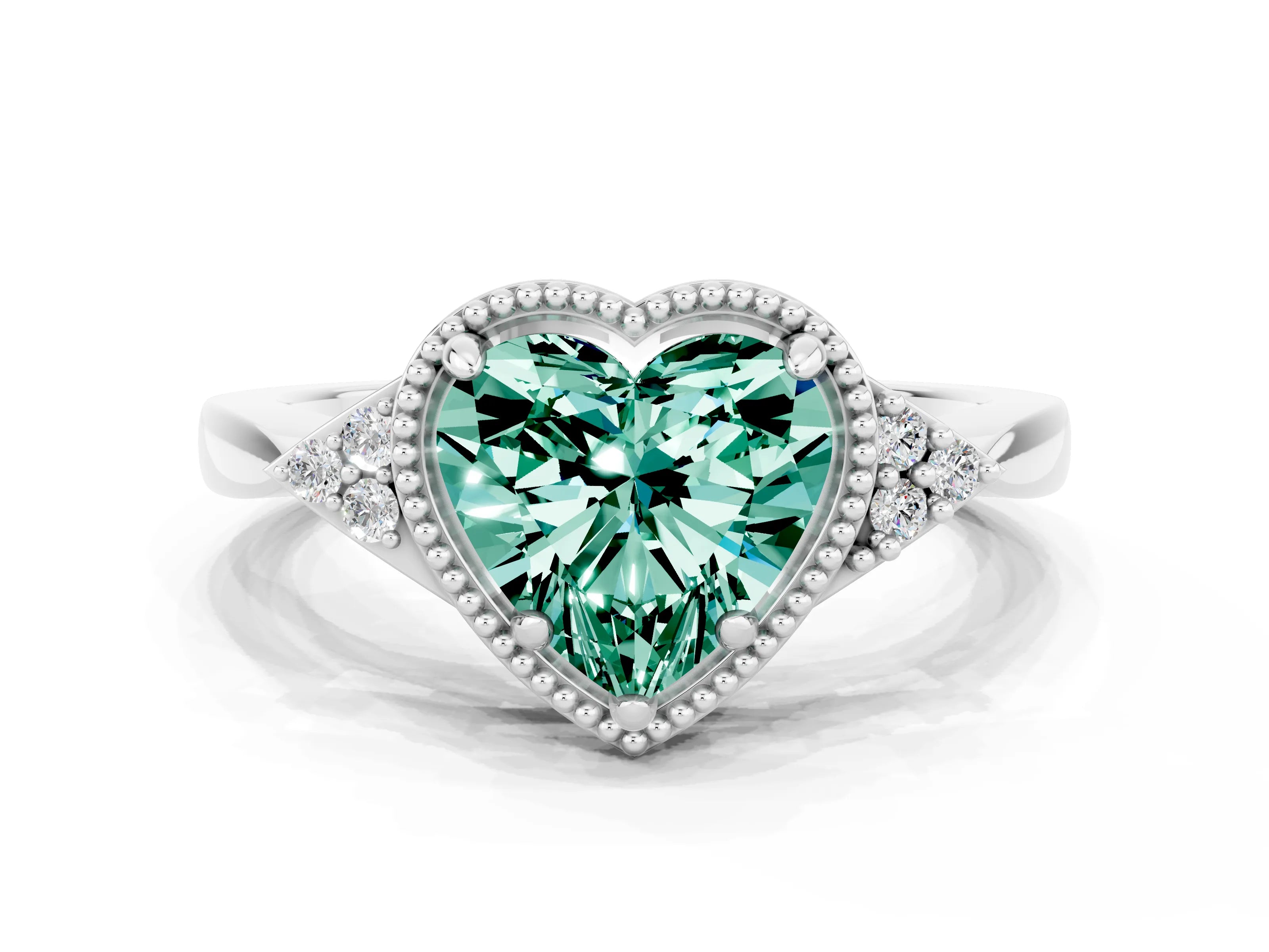 White gold Heart Cut Green Sapphire Halo Ring with Tapered Band and Four-Prong Setting