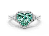 White gold Heart Cut Green Sapphire Halo Ring with Tapered Band and Four-Prong Setting