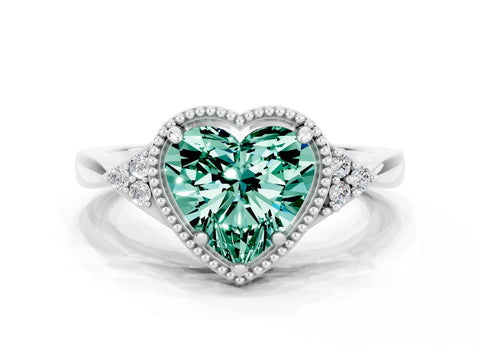 White gold Heart Cut Green Sapphire Halo Ring with Tapered Band and Four-Prong Setting