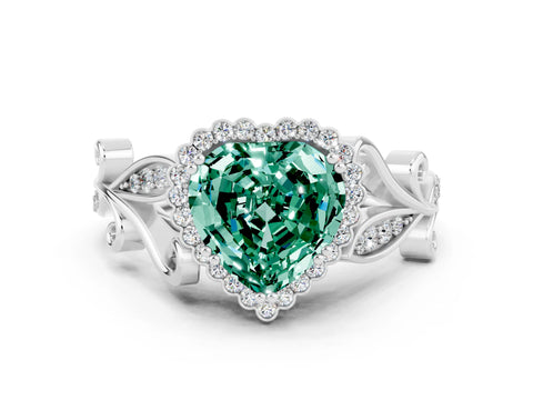 White gold Heart Cut Green Sapphire Halo Ring with Vintage Split Shank and Four-Prong Setting_24