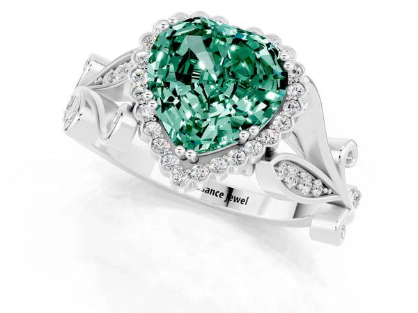 Platinum Heart Cut Green Sapphire Halo Ring with Vintage Split Shank and Four-Prong Setting