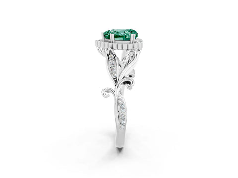 White gold Heart Cut Green Sapphire Halo Ring with Vintage Split Shank and Four-Prong Setting_26