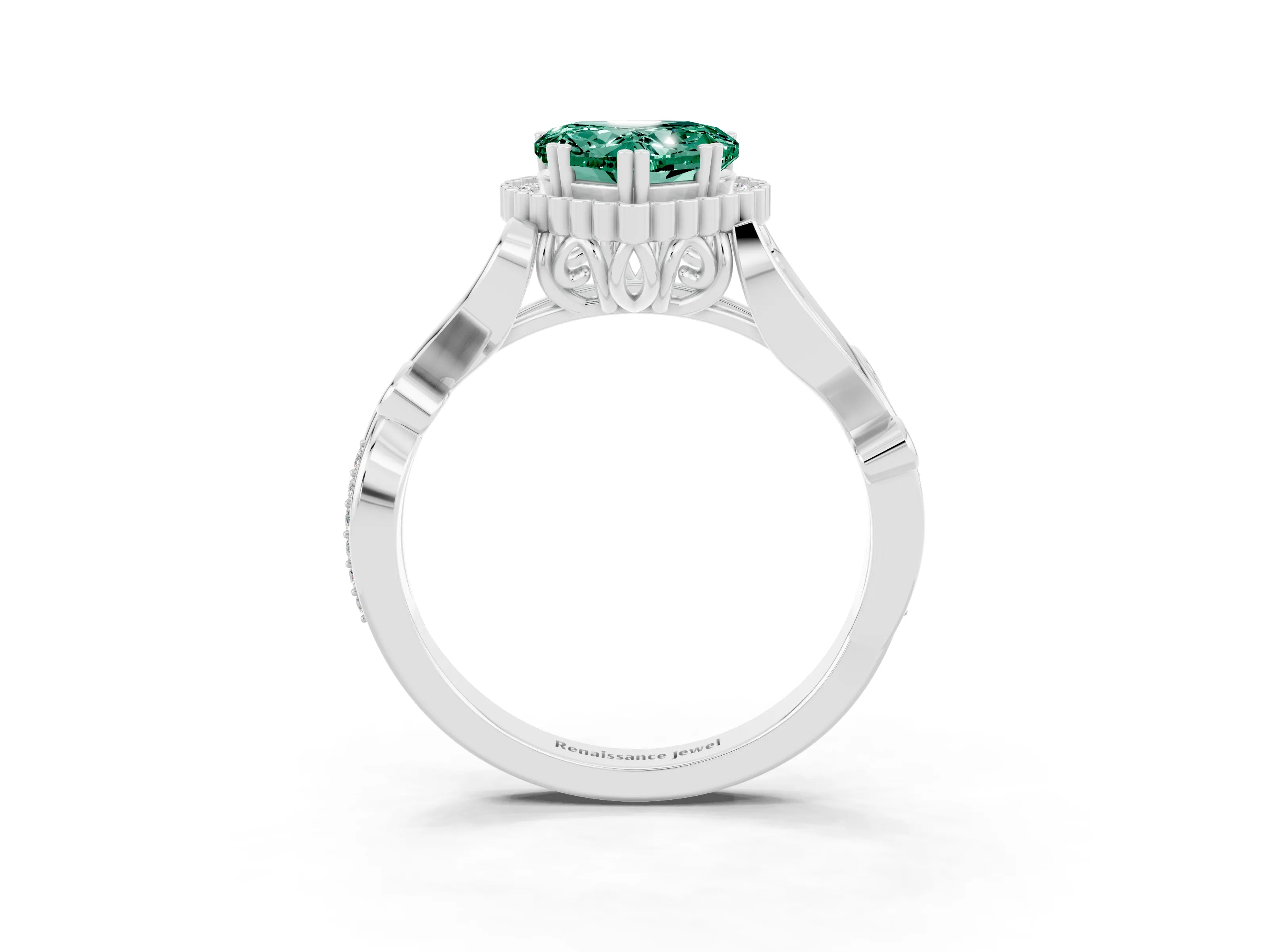 White gold Heart Cut Green Sapphire Halo Ring with Vintage Split Shank and Four-Prong Setting_27
