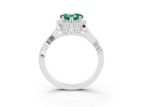 White gold Heart Cut Green Sapphire Halo Ring with Vintage Split Shank and Four-Prong Setting_27