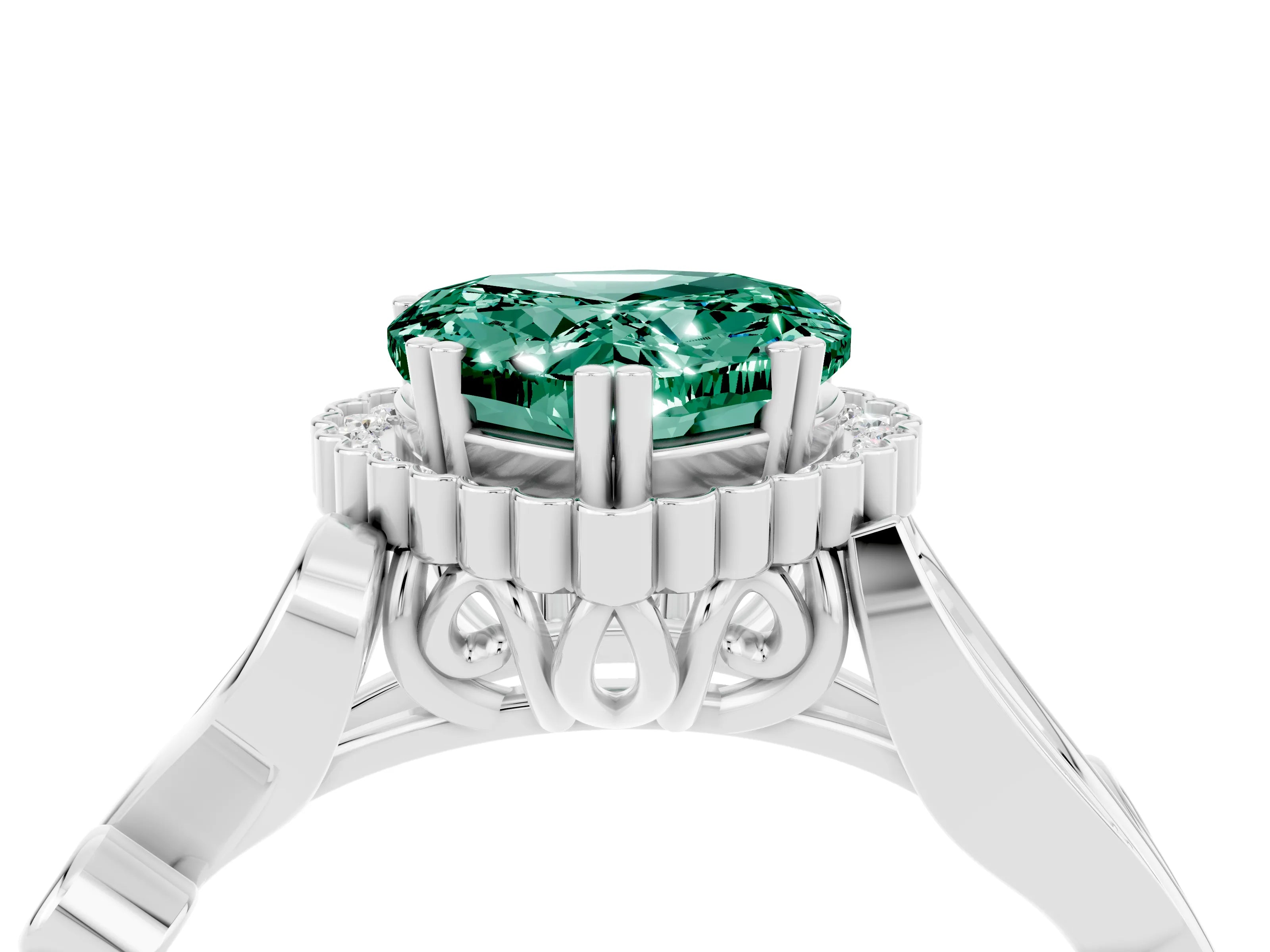 White gold Heart Cut Green Sapphire Halo Ring with Vintage Split Shank and Four-Prong Setting_28