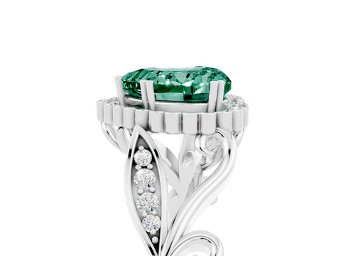 White gold Heart Cut Green Sapphire Halo Ring with Vintage Split Shank and Four-Prong Setting_29