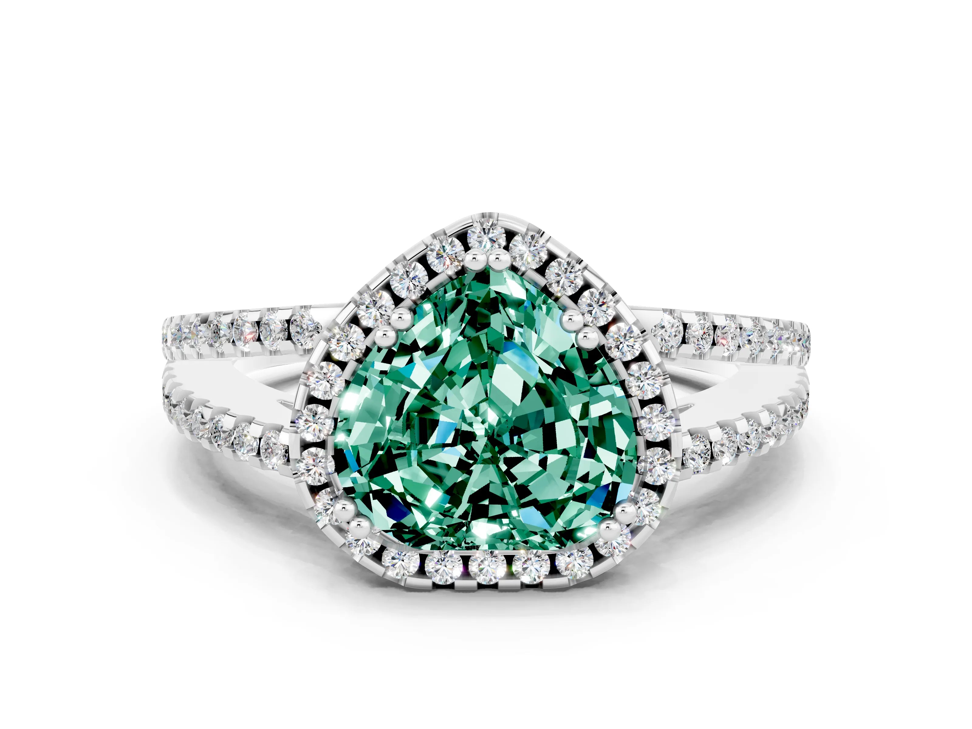 White gold Heart Cut Green Sapphire Halo Split Shank Engagement Ring_12