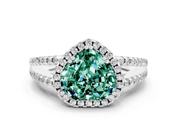 Silver Heart Cut Green Sapphire Halo Split Shank Engagement Ring