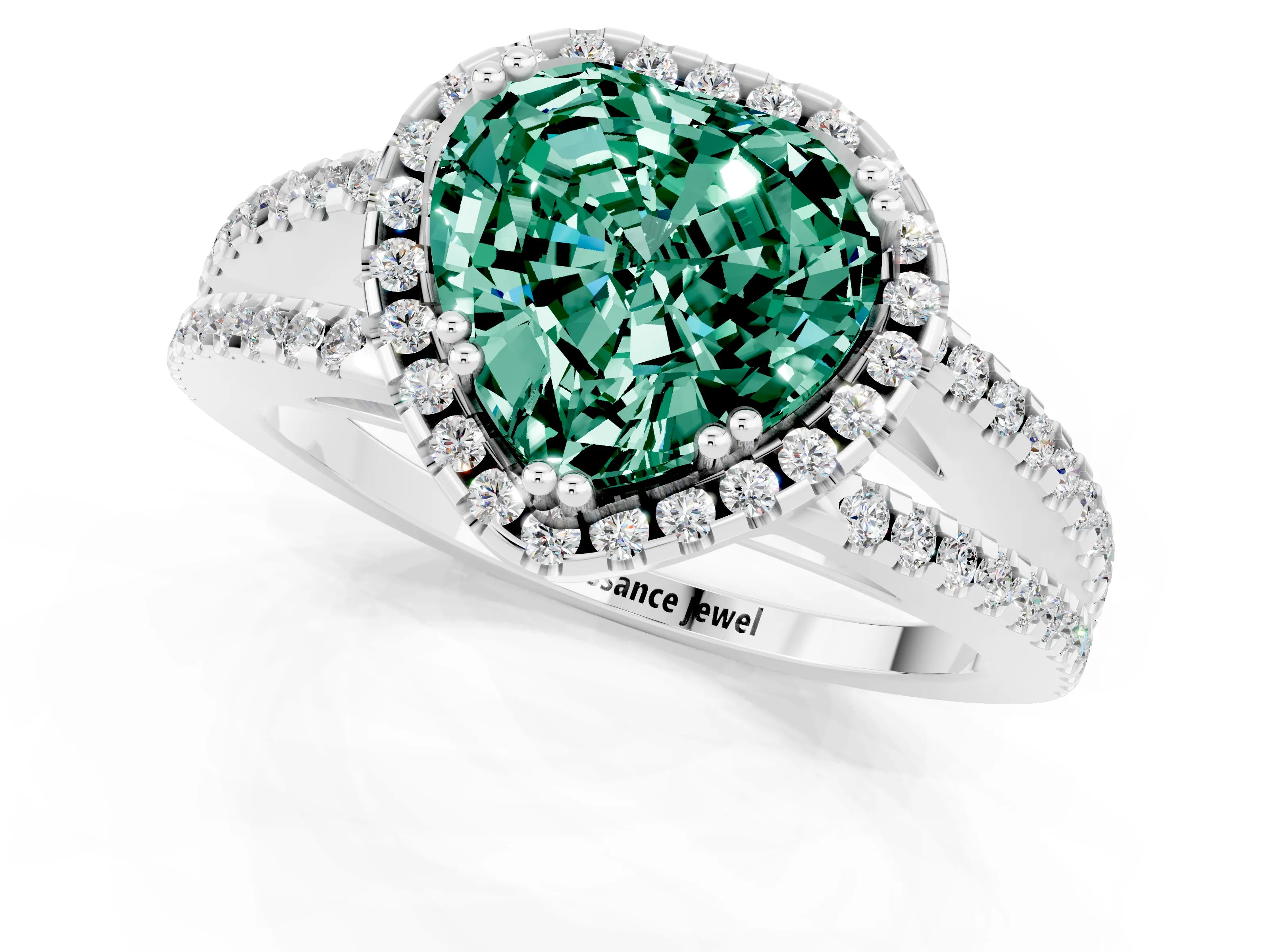 White gold Heart Cut Green Sapphire Halo Split Shank Engagement Ring_13