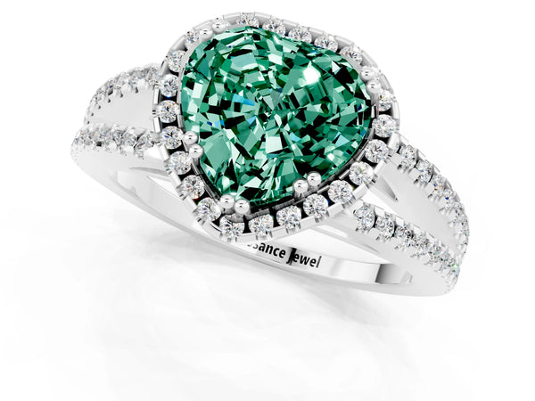White gold Heart Cut Green Sapphire Halo Split Shank Engagement Ring