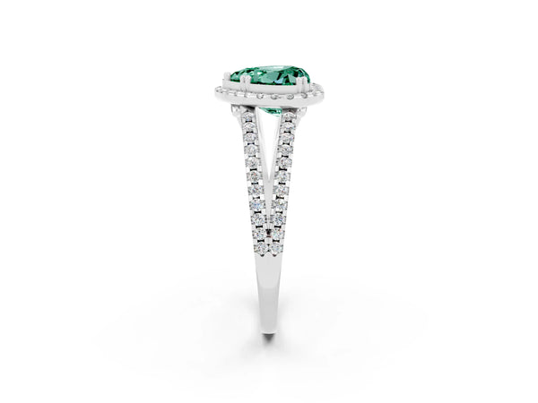 Silver Heart Cut Green Sapphire Halo Split Shank Engagement Ring