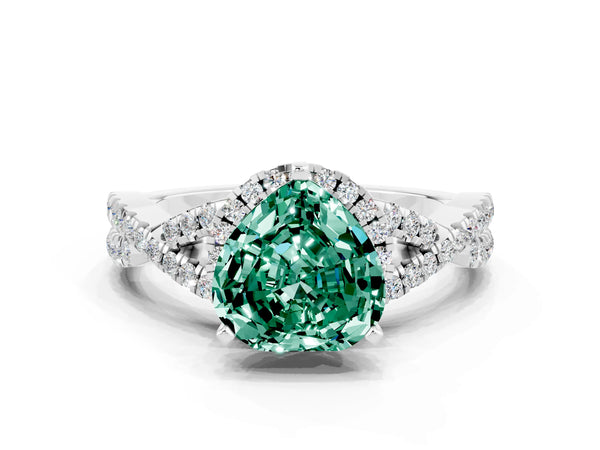 Platinum Heart Cut Green Sapphire  Halo Twist Band Solitaire Prong Setting Ring