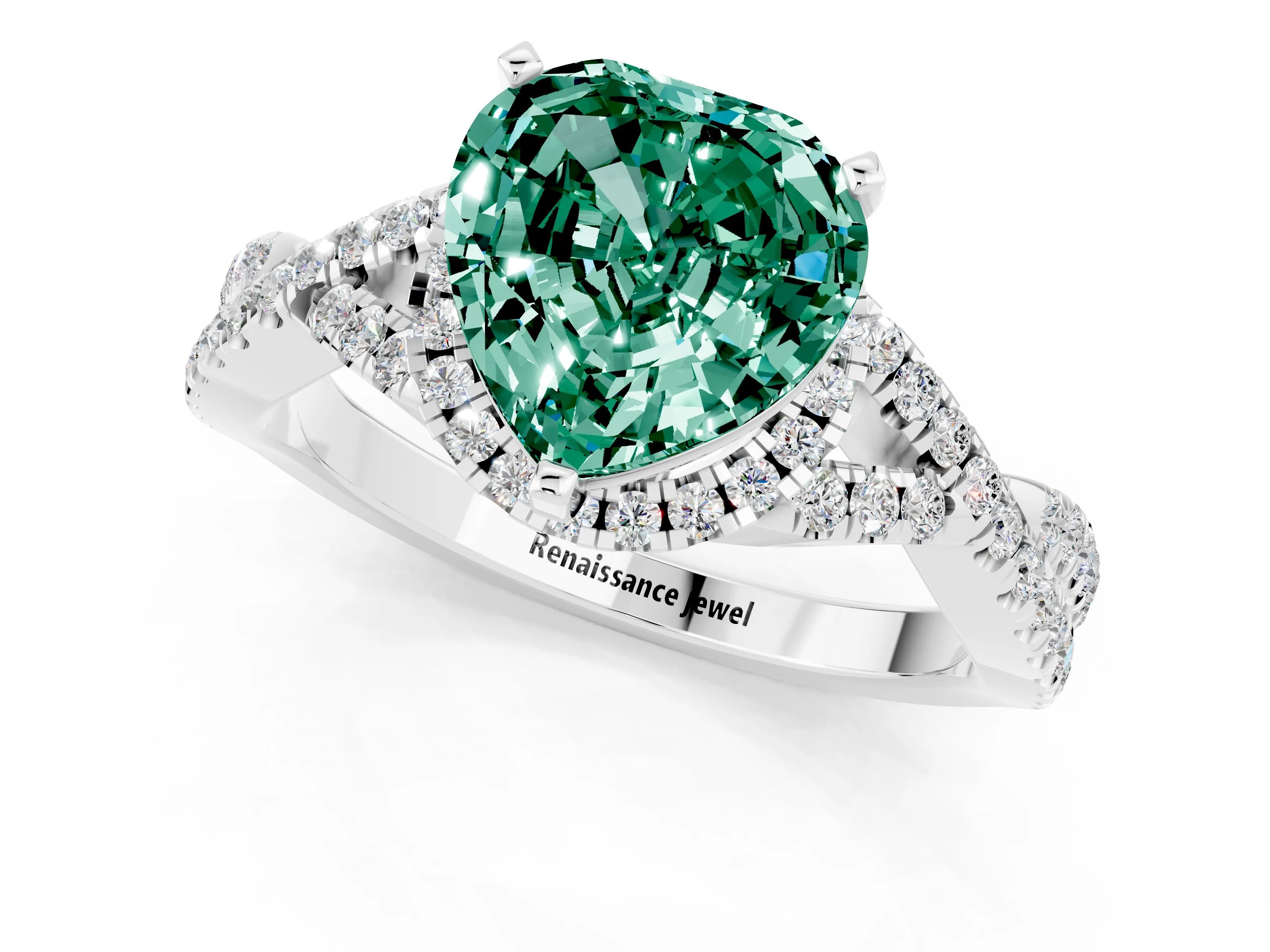 White gold Heart Cut Green Sapphire Halo Twist Band Solitaire Prong Setting Ring_1