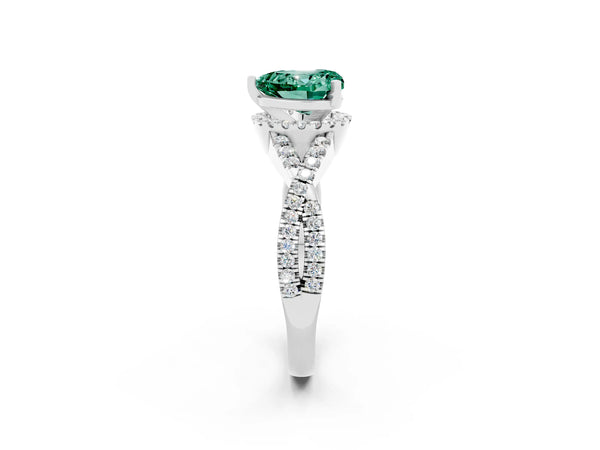 Platinum Heart Cut Green Sapphire  Halo Twist Band Solitaire Prong Setting Ring