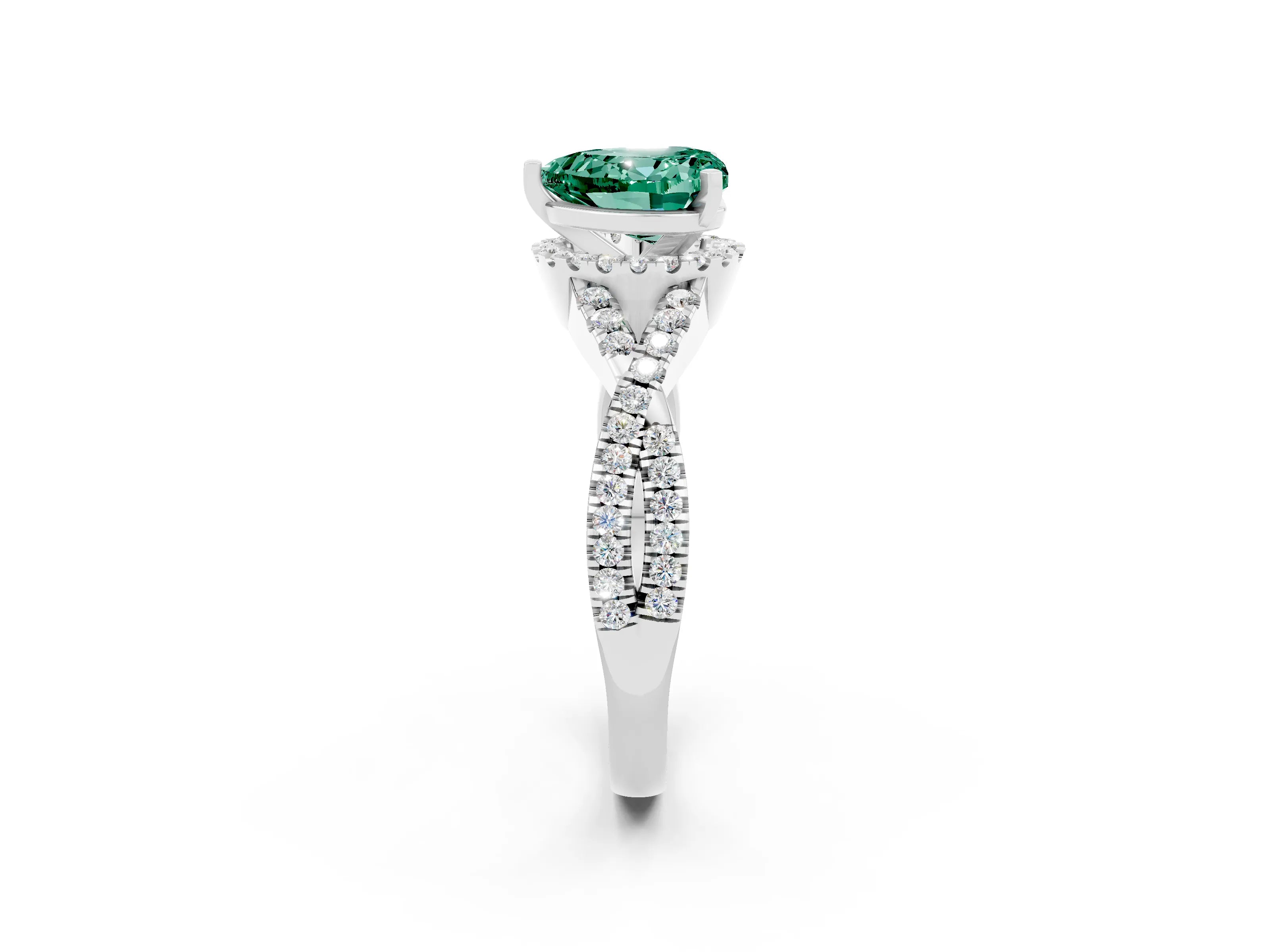 White gold Heart Cut Green Sapphire Halo Twist Band Solitaire Prong Setting Ring_2