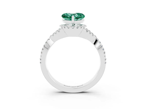 Silver Heart Cut Green Sapphire  Halo Twist Band Solitaire Prong Setting Ring