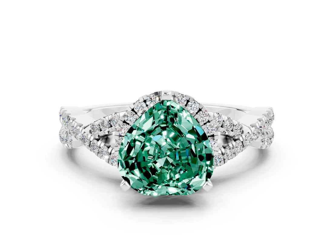 White gold Heart Cut Green Sapphire  Halo Twist Band Solitaire Prong Setting Ring_66