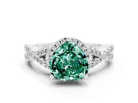 White gold Heart Cut Green Sapphire Halo Twist Band Solitaire Prong Setting Ring