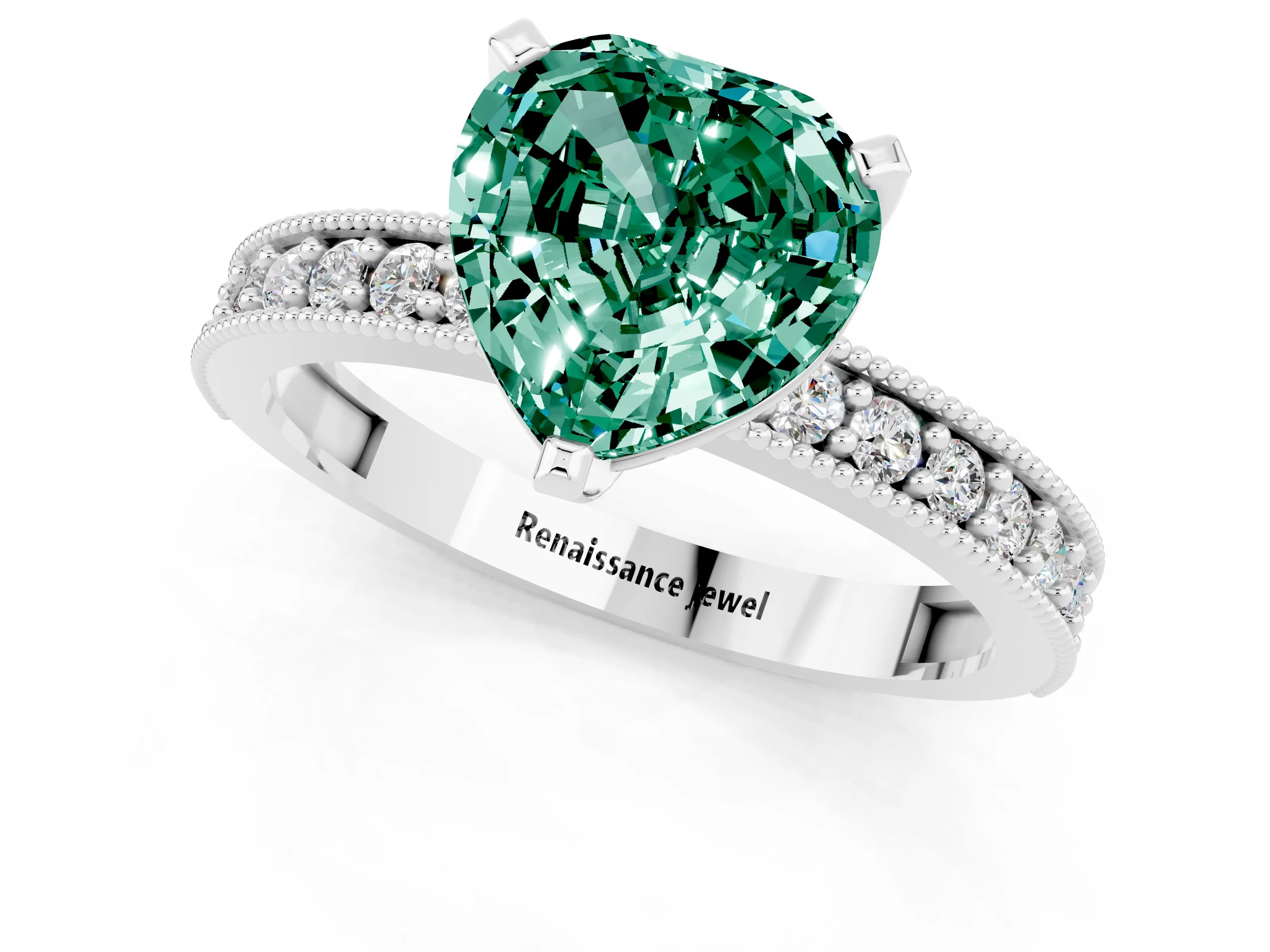 White gold Heart Cut Green Sapphire Milgrain Pavé Engagement Ring with Four-Prong Setting_13