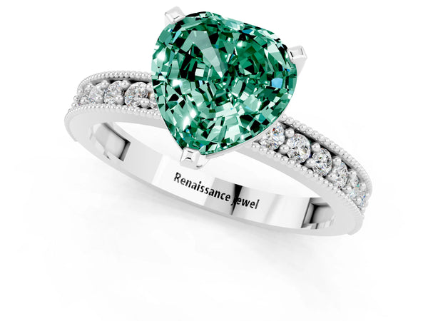 White gold Heart Cut Green Sapphire Milgrain Pavé Engagement Ring with Four-Prong Setting