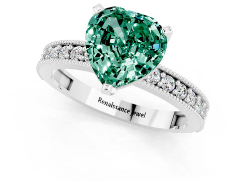 White gold Heart Cut Green Sapphire Milgrain Pavé Engagement Ring with Four-Prong Setting_13